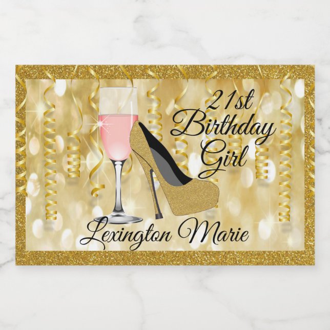 Birthday Gold Look Mini Sparkling Wine Bottle Labe Sparkling Wine Label (Single Label)