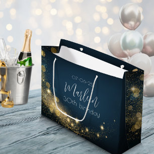 Birthday gold midnight blue sparkling gold shimmer large gift bag