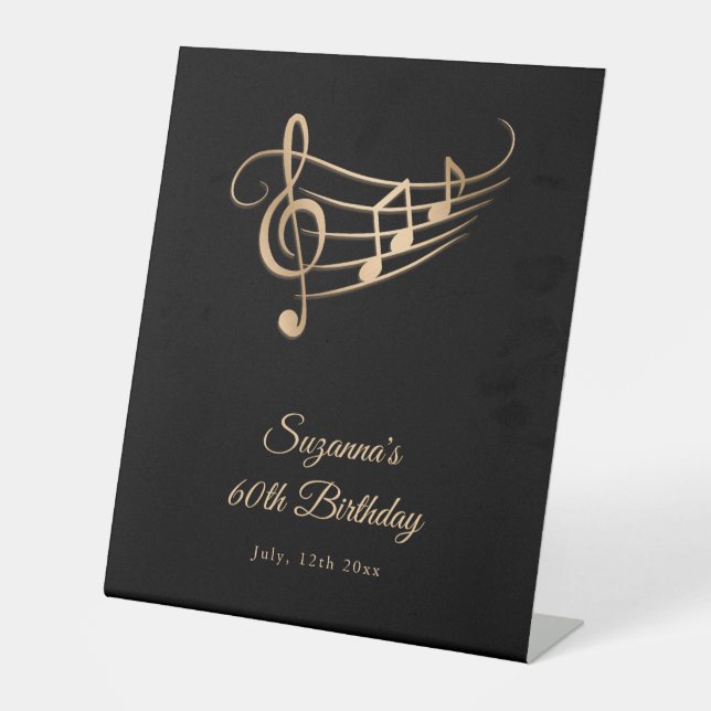 Birthday Gold Music Notes Elegant Pedestal Sign (Front)