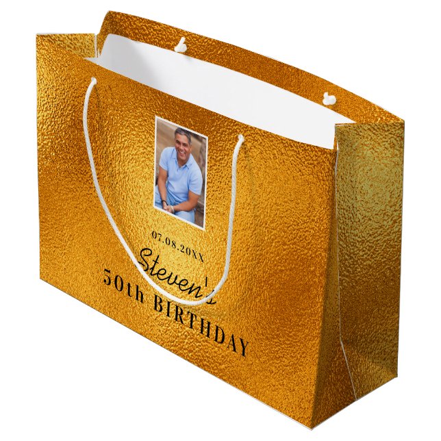 Birthday gold name photo guy large gift bag (Back Angled)