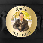 Birthday gold photo classic round sticker<br><div class="desc">A classic faux gold background. Personalise and add his name,  age and photo.</div>