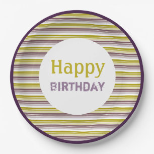 Birthday Gold Purple and Plum Stripe Paper Plates