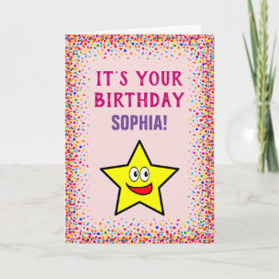 Birthday Gold Star Pink Colourful Confetti Card