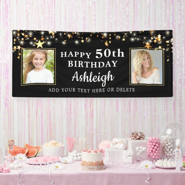 Birthday Gold Stars Lights 2 Photo Your Colour Banner (Party)