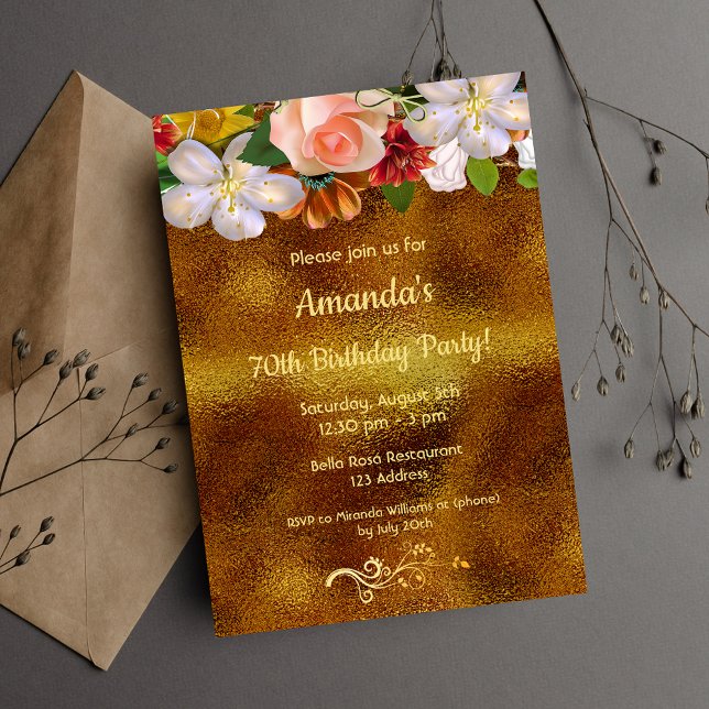 Birthday gold white florals elegant invitation (Creator Uploaded)