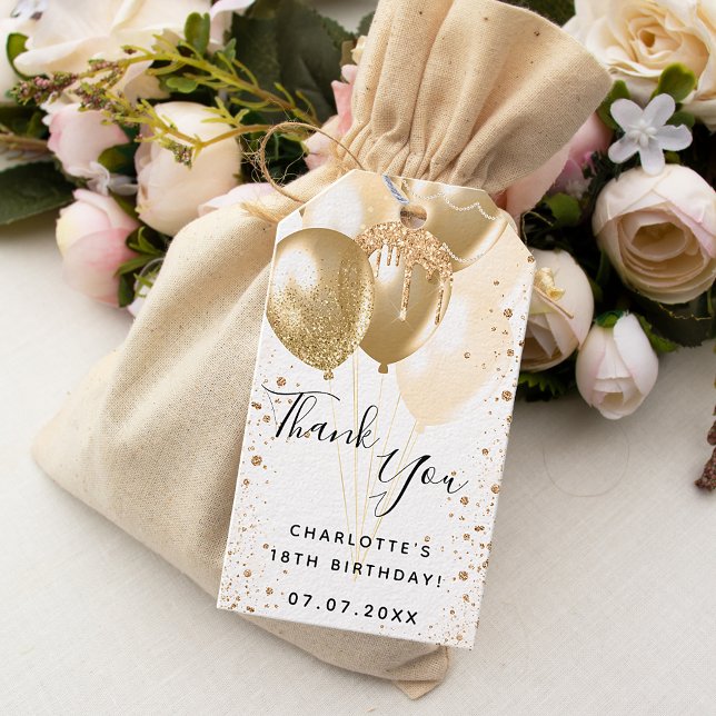 Birthday gold white glitter balloon thank you gift tags (Creator Uploaded)