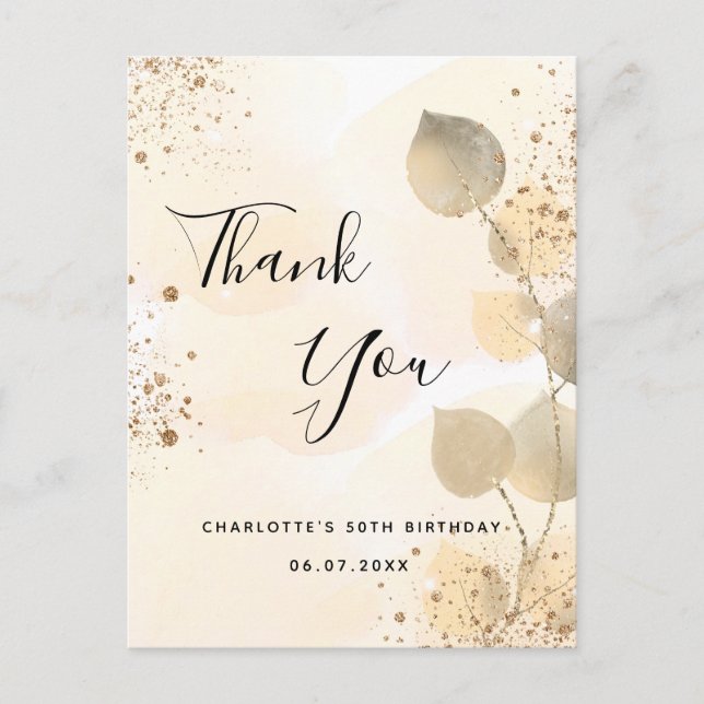 Birthday golden eucalyptus glitter thank you postcard (Front)