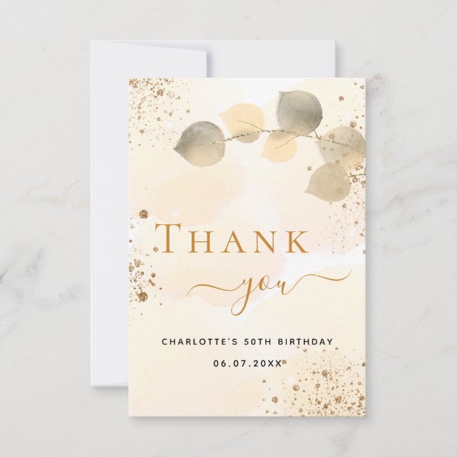 Birthday golden eucalyptus gold glitter fall thank you card (Front)
