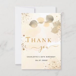 Birthday golden eucalyptus gold glitter fall thank you card