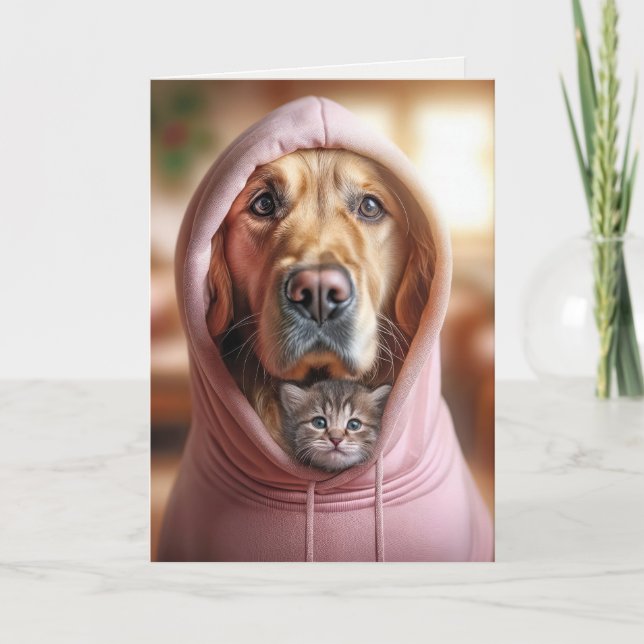 Birthday Golden Retriever and Kitten In a Hoodie Card (Front)
