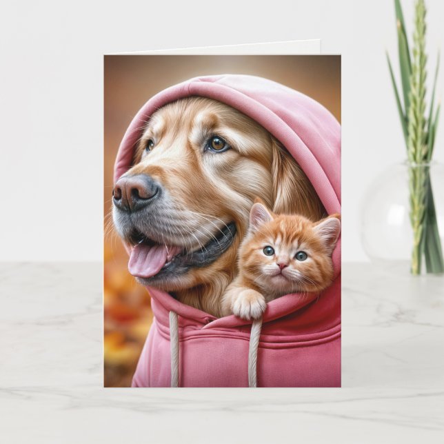 Birthday Golden Retriever and Kitten In a Hoodie Card (Front)