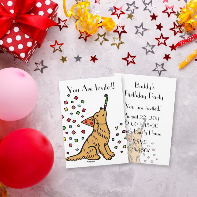 Birthday Golden Retriever Cartoon Invitations (Birthday Golden Retriever Cartoon Invitations for dog lovers birthday party.  Cute cartoon design.)