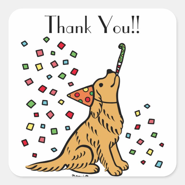 Birthday Golden Retriever Cartoon Thank You Square Sticker (Front)