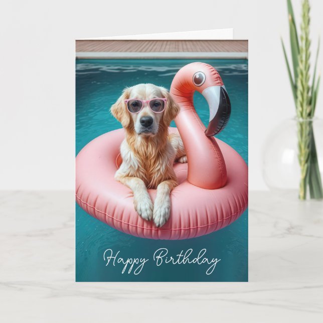 Birthday Golden Retriever In Flamingo Pool toy Card (Front)