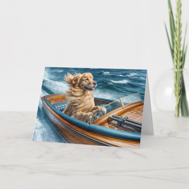 Birthday Golden Retriever In Old Wooden Boat Card (Front)