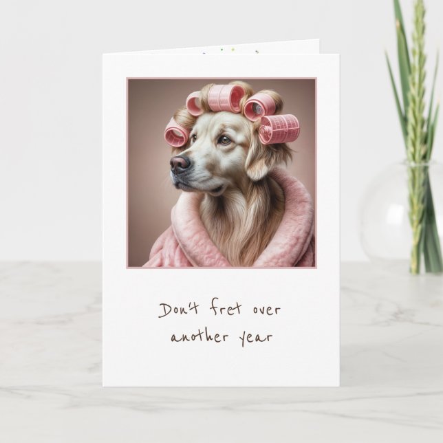 Birthday Golden Retriever In Pink Hair Curlers Card (Front)