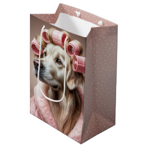 Birthday Golden Retriever In Pink Hair Curlers Medium Gift Bag