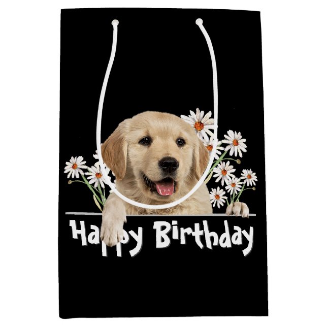 Birthday Golden Retriever On Black Medium Gift Bag (Front)