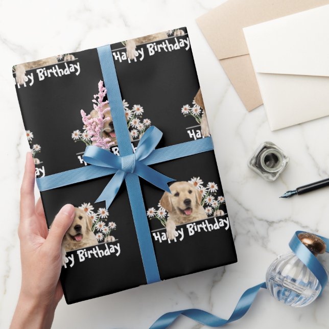 Birthday Golden Retriever on Black Wrapping Paper (Gifting)