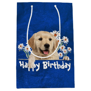 Birthday Golden Retriever On Blue Leather Medium Gift Bag