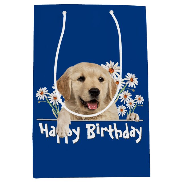 Birthday Golden Retriever On Blue Medium Gift Bag (Front)