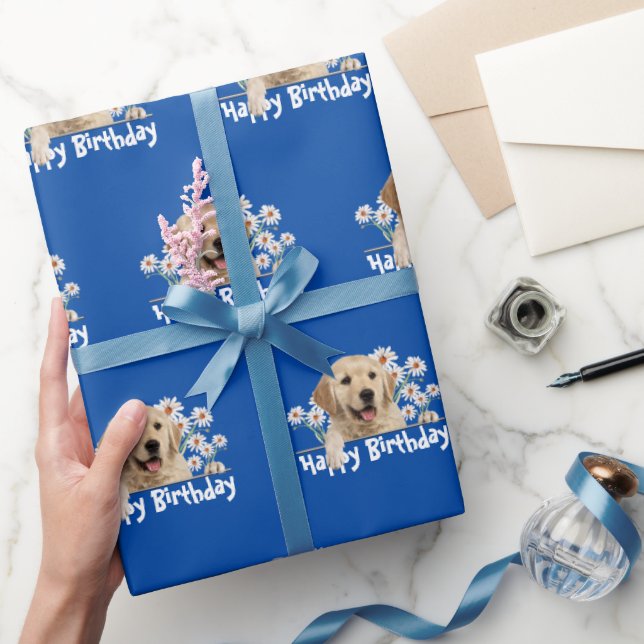 Birthday Golden Retriever on Blue Wrapping Paper (Gifting)