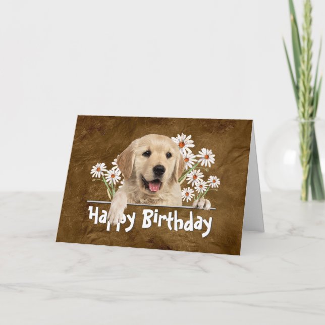 Birthday Golden Retriever on Brown Leather Card (Front)