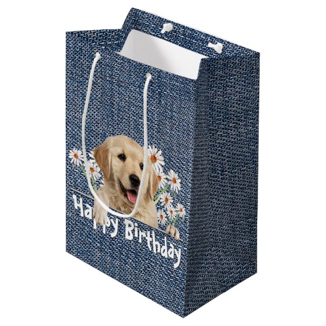 Birthday Golden Retriever On Denim Medium Gift Bag (Front Angled)