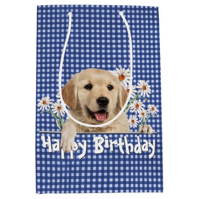 Birthday Golden Retriever On Gingham  Medium Gift Bag (Front)