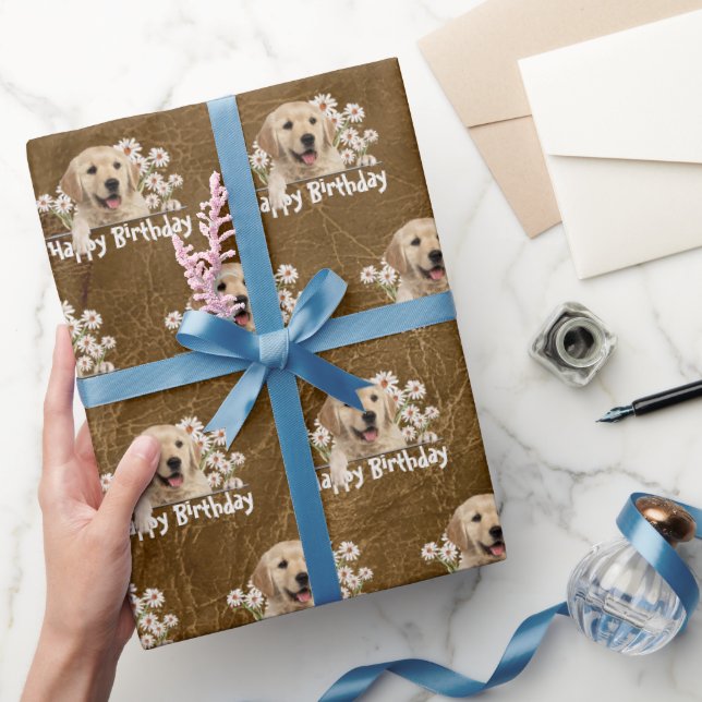Birthday Golden Retriever on Leather Wrapping Paper (Gifting)