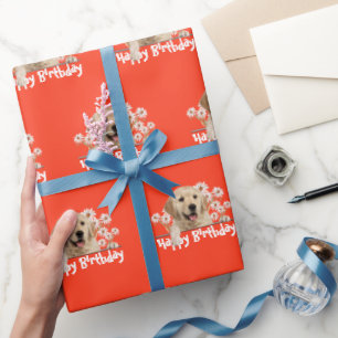 Birthday Golden Retriever on Orange Wrapping Paper