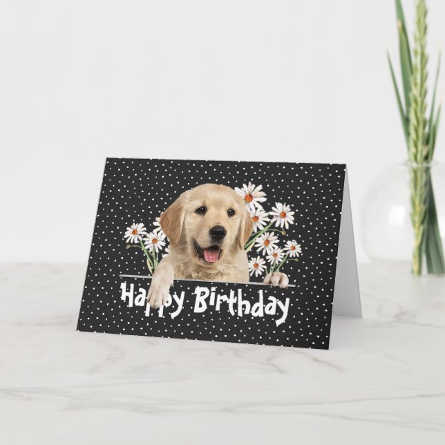 Birthday Golden Retriever on Polka Dots  Card (Front)