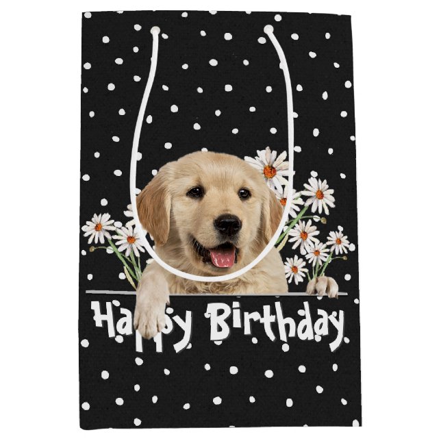 Birthday Golden Retriever On Polka Dots Medium Gift Bag (Front)