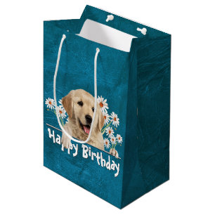 Birthday Golden Retriever On Teal Leather Medium Gift Bag