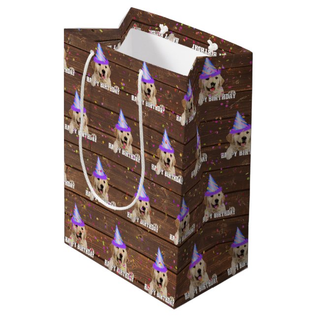 birthday Golden Retriever on wood with confetti Medium Gift Bag (Back Angled)