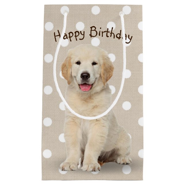Birthday Golden Retriever Puppy On Polka Dots Small Gift Bag (Front)