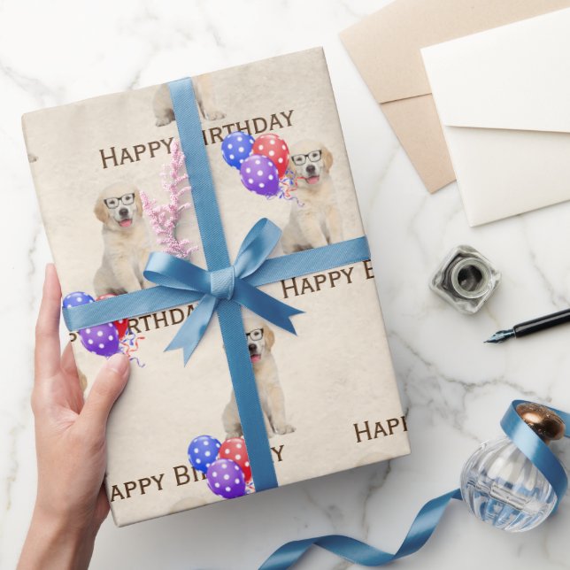Birthday Golden Retriever Puppy With Balloons Wrapping Paper (Gifting)