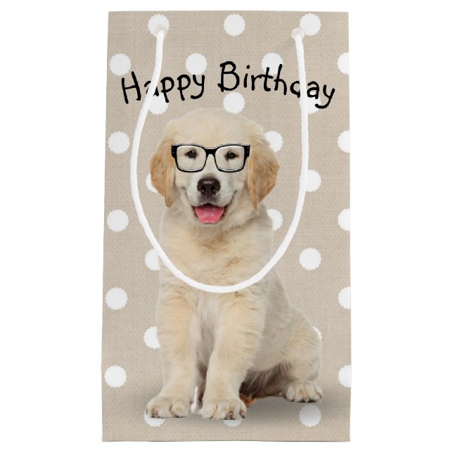 Birthday Golden Retriever Puppy with Glasses Small Small Gift Bag (Front)