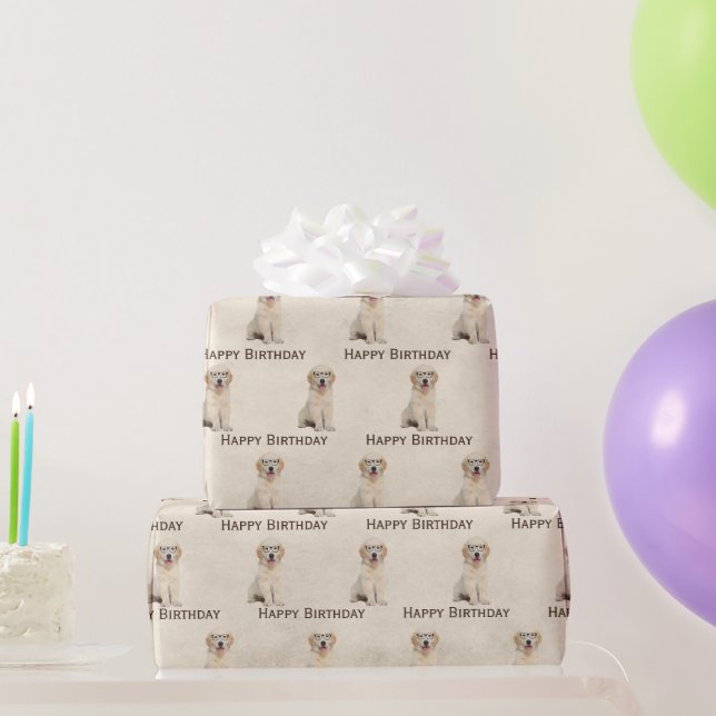 Birthday Golden Retriever Puppy With Glasses  Wrap Wrapping Paper (Party Gifts)