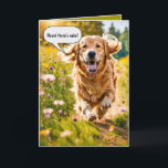 Birthday Golden Retriever Running Card<br><div class="desc">Happy golden retriever running in a field of wildflowers for birthday humour.
All text can be changed.</div>