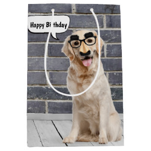 Birthday Golden Retriever with Moustache Mask Smal Medium Gift Bag