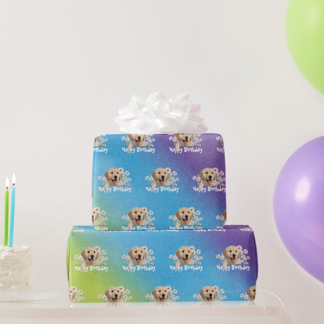 Birthday Golden Retrievers on Rainbow Wrapping Paper (Party Gifts)