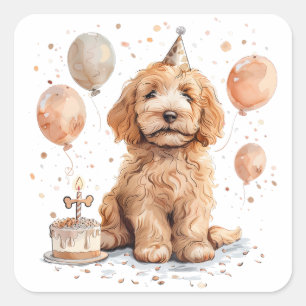 Birthday Goldendoodle Dog Birthday Cake Square Sticker