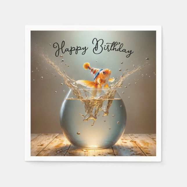 Birthday Goldfish Jumping Out of Fishbowl Napkin (Front)