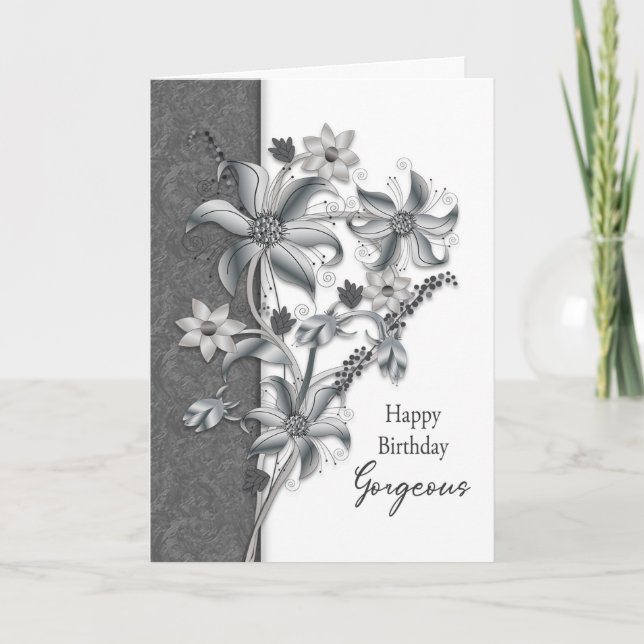 Birthday Gorgeous Shades of Grey Flowers Card (Front)