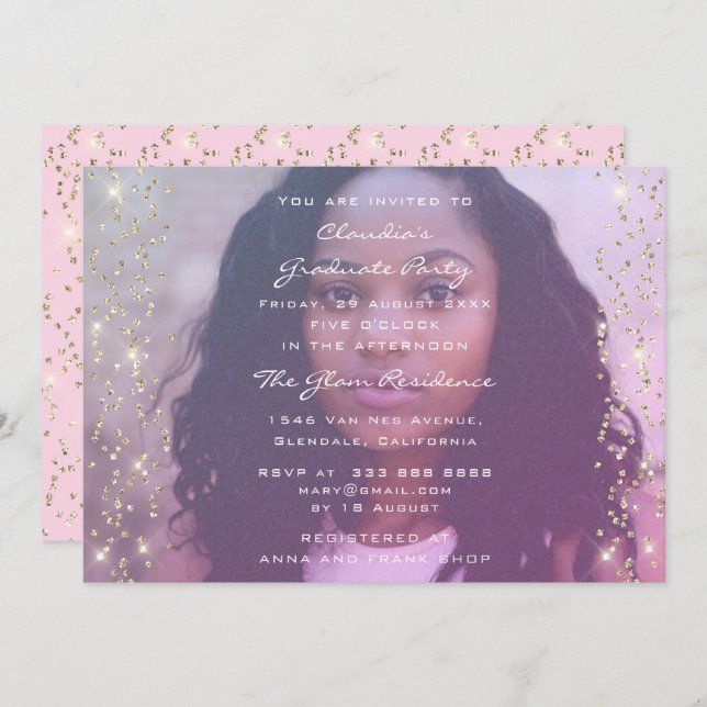 Birthday Graduate Party Photo Pink Gold Invitation (Front/Back)