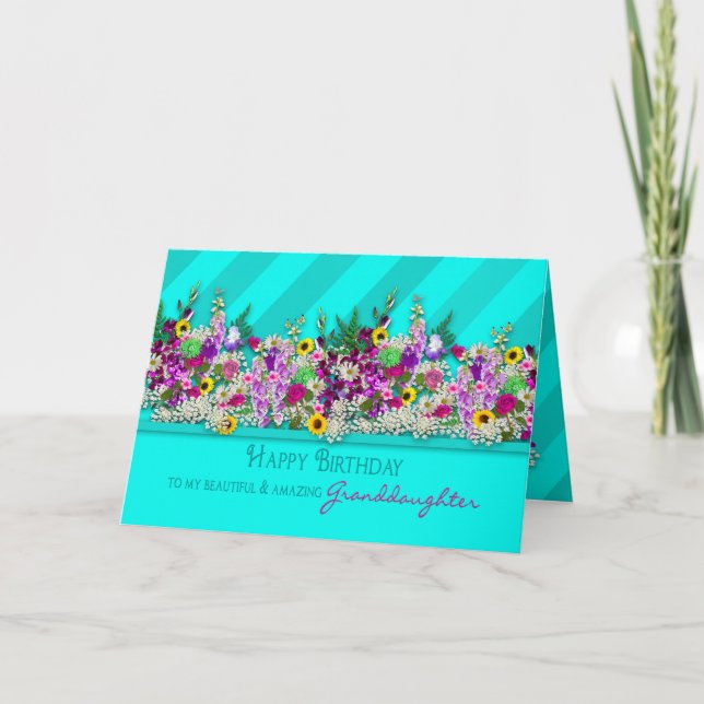 Birthday, Granddaught, Garden Flowers, Aqua Stripe Card (Front)