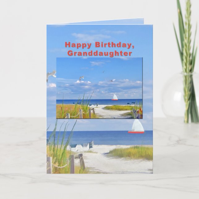 Birthday, Granddaughter, Beach and Ocean View Card (Front)