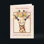 Birthday Granddaughter Sweet Safari Jungle Giraffe Card<br><div class="desc">This birthday card for a sweet granddaughter features a tender watercolor illustration of a baby giraffe adorned with soft pink and yellow florals. The background glows with gentle pastel tones and a subtle giraffe pattern texture, creating a dreamy, affectionate feel. The front message reads Happy Birthday Sweet Granddaughter, setting the...</div>