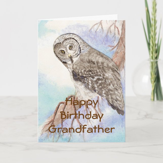 Birthday Grandfather Great Grey Owl, Bird Nature Card (Front)
